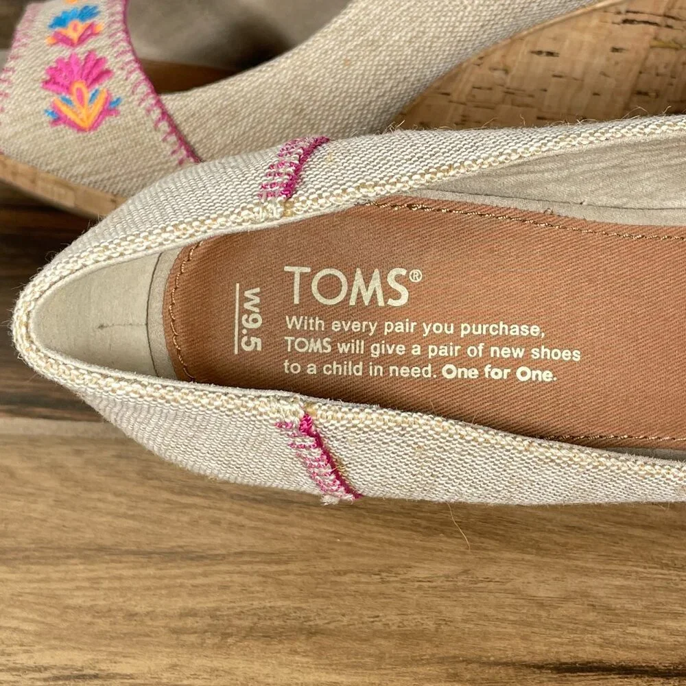 Toms Stella Womens Size 9.5 Shoes Natural Burlap Embroidery Peep Toe Wedge Heel